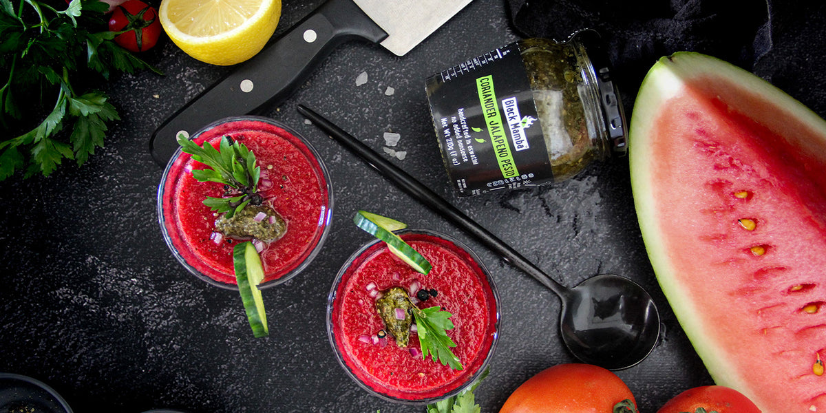 Tomato & Watermelon Gazpacho Shooters with Coriander Jalapeño Pesto
