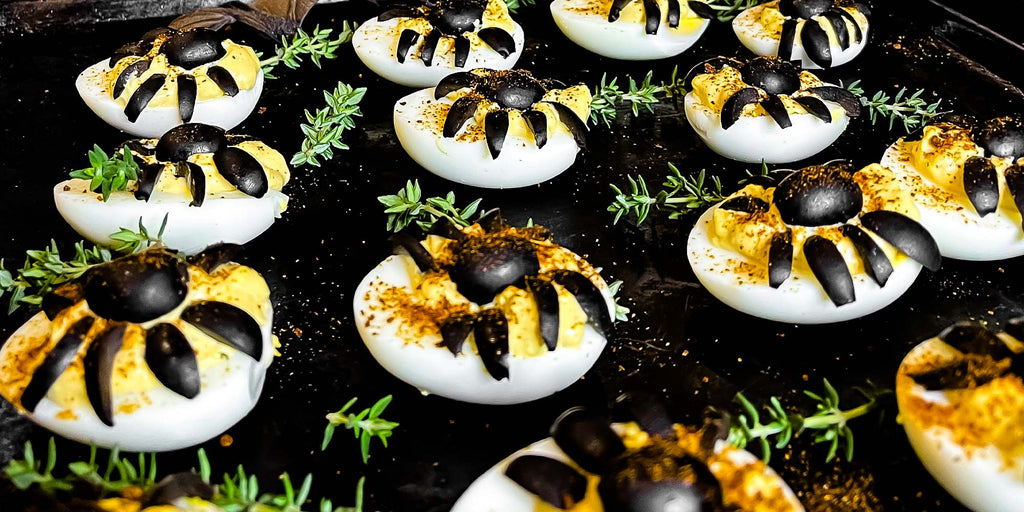 Spooky Spider Deviled Eggs with Chipotle Chilli Sauce