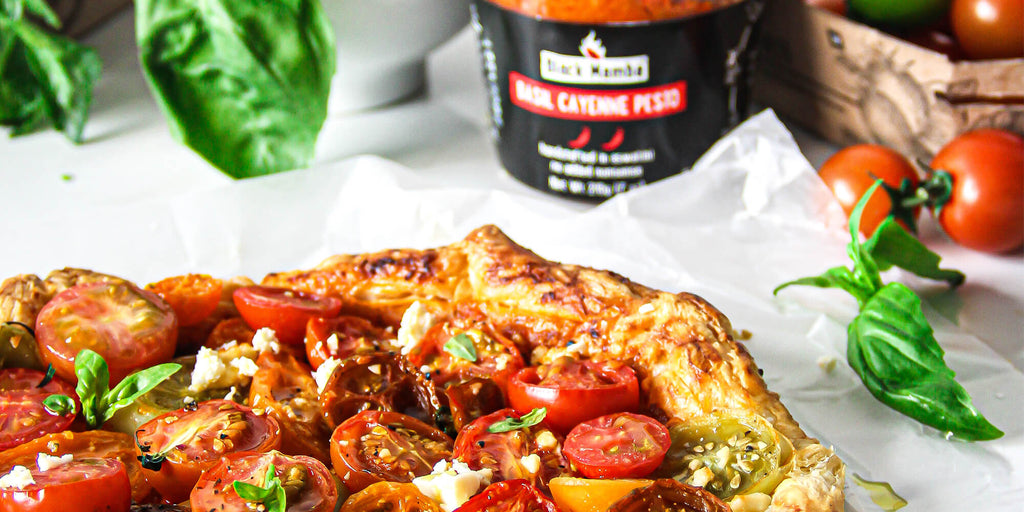 Tomato Galette with Black Mamba Basil Cayenne Pesto