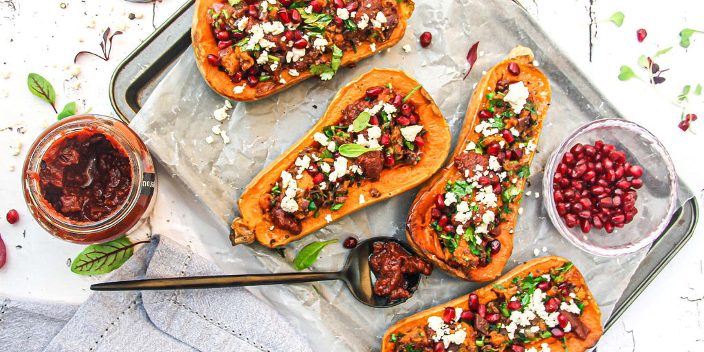 Jeweled Stuffed Butternut with Beetroot Ginger Chutney